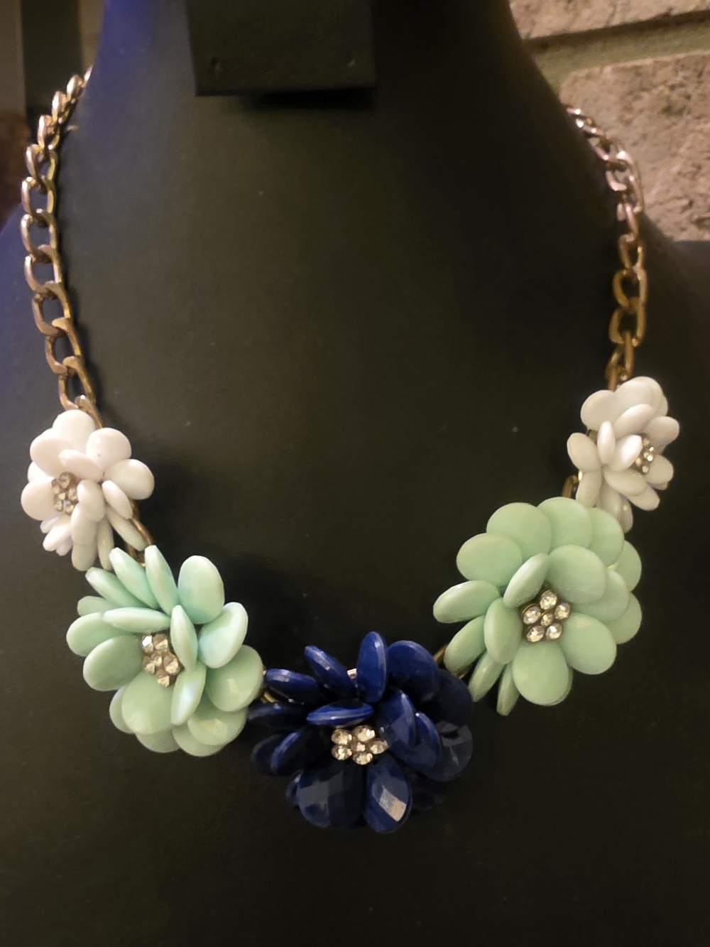 Bold Floral Statement Necklace in Gold Tone, Mint, Navy & White
